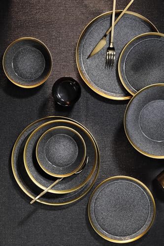 Elegant 8-Piece Dinner Set, Black & Gold, 100% Porcelain | Includes 2 Service Plates (27 cm), 2 Deep Plates (21 cm), 2 Dessert Plates (21 cm), 2 Bowls (15 cm) | Perfect for Stylish Dining Experiences von Hermia Concept