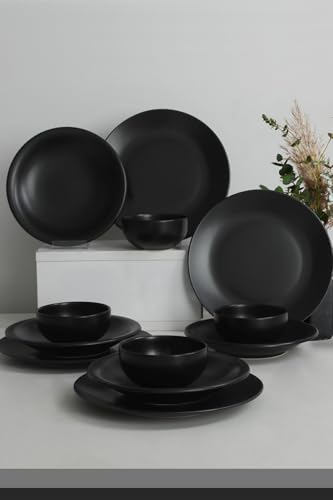 Elegant Matte Black Ceramic Dinner Set (12 Pieces) | 100% Stoneware, Antibacterial, Easy Clean, Thermal Shock Resistant | Dishwasher & Microwave Safe von Hermia Concept