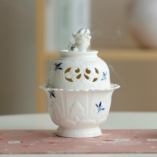 Räuchergefäß im Zen-Stil (Seladon), Keramik-Räucherstäbchenhalter mit Löwen-Skulptur, verziert mit Wolkenmustern und einer Buddha-Lichtdekoration, elegantes chinesisches Räuchergefäß für von Hermit Life