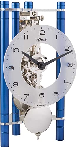 Hermle Skelett-Tischuhr mit eloxierten Aluminiumsäulen - Dreieck 23025-Q70721, arabisches Zifferblatt Glas, Blau, Werk vernickelt, 19,5cm x 11cm x 9cm von Hermle
