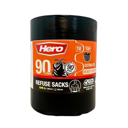 Hero 90 Stück Müllsäcke Extra Stark Schwarz Müllsäcke Tie Top 90 Liter von Hero
