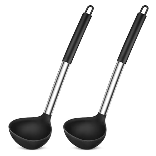 Herogo Schöpflöffel, 2 Stück Silikon Suppenkelle Set, 31 cm Schöpflöffel mit Edelstahl Griff, Groß Löffel für Suppen Servieren, Hitzebeständigkeit & Antihaft, Leicht zu reinigen, Schwarz von Herogo