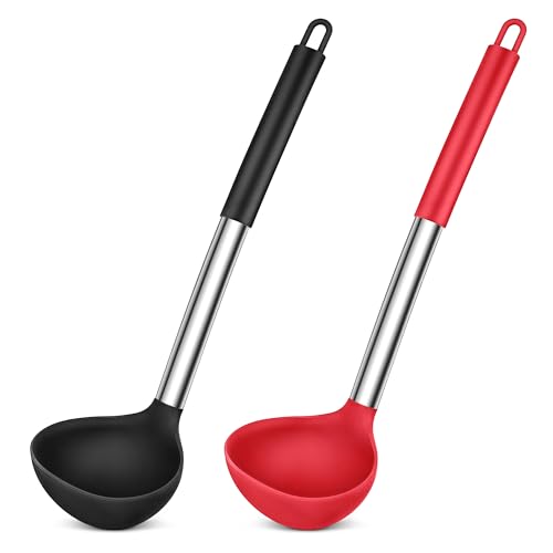 Herogo Schöpflöffel, 2 Stück Silikon Suppenkelle Set, 31 cm Schöpflöffel mit Edelstahl Griff, Groß Löffel für Suppen Servieren, Hitzebeständigkeit & Antihaft, Leicht zu reinigen, Schwarz & Rot von Herogo