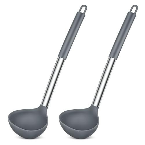 Herogo Schöpflöffel, 2 Stück Silikon Suppenkelle Set, 31 cm Schöpflöffel mit Edelstahl Griff, Groß Löffel für Suppen Servieren, Hitzebeständigkeit & Antihaft, Leicht zu reinigen, Grau von Herogo