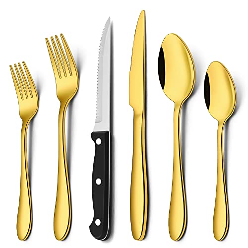 Besteck Set 6 Personen, Herogo 36-teiliges Edelstahl Besteck Set mit Steakmesser, Besteckset mit Gabel Messer Löffel, Elegantes Essbesteck für Haus/Restaurant, Spülmaschinenfest & Rostfrei, Gold von Herogo