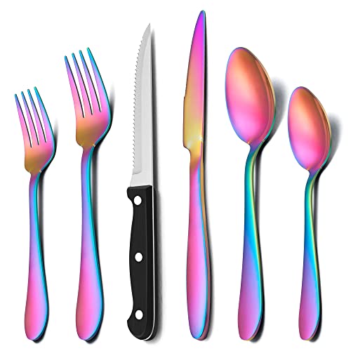 Herogo 36-teiliges Besteck Set mit Steakmessern, Edelstahl Besteck Set für 6 Personen, Essbesteck Set mit Gabel Messer Löffel, Elegantes Tafelbesteck für Home/Restaurant (Regenbogen) von Herogo