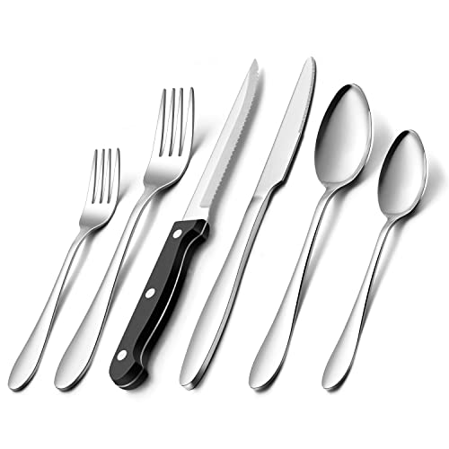 Herogo Besteck Set 12 Personen, 60-teilig Edelstahl Besteckset mit 12-teilig Steakmesser, Elegant Gabel Messer Löffel Set für Home/Restaurant, Silber Poliert Essbesteck, Spülmaschinenfest von Herogo