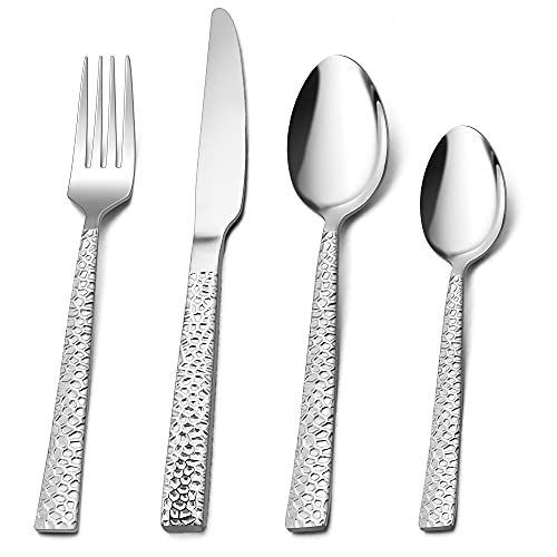 Herogo Besteckset 16-teilig Edelstahl Besteck Set für 4 Personen Hammerschlaggeschirr Silber Set mit Messer Gabel Löffel Silber Besteck für Zuhause/Küche/Party, hochglanzpoliert, spülmaschinenfest von Herogo