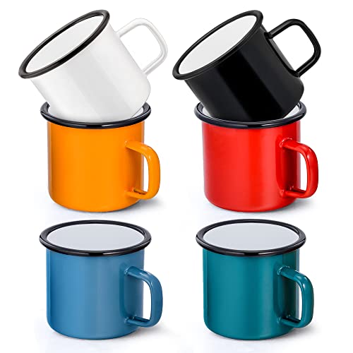 Herogo Emaille Tasse 6er-Set, Kaffeetassen Tassen Weiß/Schwarz/Rot/Blau/Grün/Gelb, Porzellan Emaille Teetassen Kaffeebecher Set mit Henkel für Camping, Haus, Party, Mehrweg & Tragbar, 350ml von Herogo