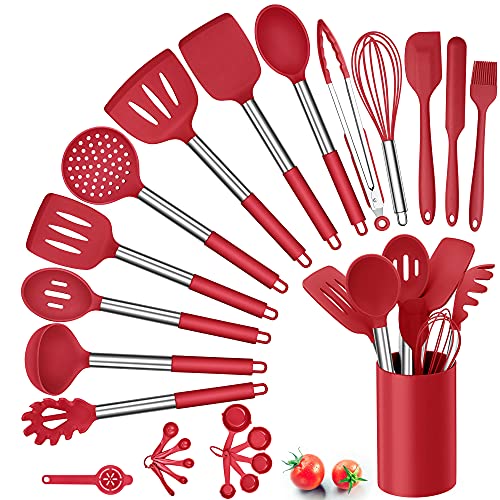 Herogo Küchenhelfer Set, 25 Stück Silikon Küchenutensilien mit Halter, Hitzebeständiger Kochbesteck Set mit Edelstahlgriff, Antihaft Kochutensilien Küchenset, Aufbewahrungsbehälter, Rot von Herogo