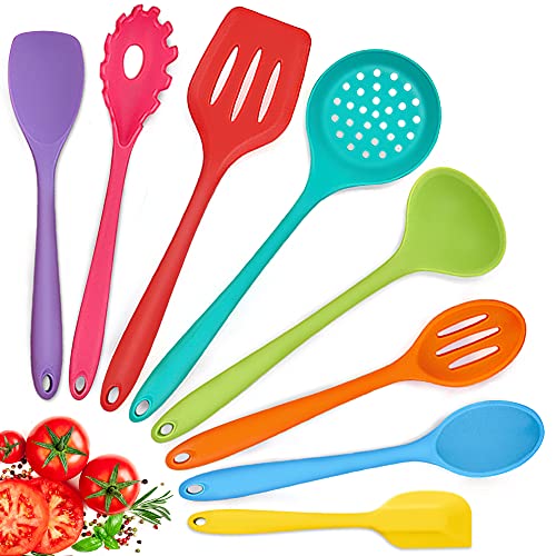 Herogo Küchenhelfer Set, 8-teiliges Silikon Kochbesteck Set, Antihaft Hitzebeständig Küchenutensilien Kochgeschirr mit Silikonspatel/Löffel/Wender/Schöpfkelle - Bunt von Herogo