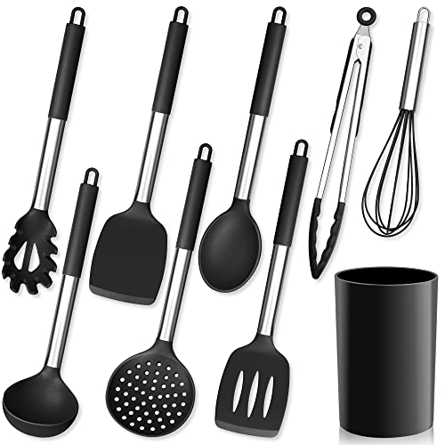 Herogo Küchenhelfer Set, 9 Stück Silikon Kochutensilien Kochbesteck Set mit Utensilienhalter, Schwarz Küchenutensilien Pfannenwender Set mit Edelstahlgriff, Hitzebeständiger & Antihaft von Herogo