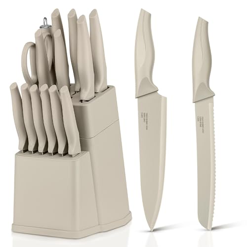Herogo Messerblock mit 15 Messerset und Wetzstahl, Premium Edelstahl Küchenmesser Set mit hohem Kohlenstoffgehalt, Gezacktes Steakmesser, Antihaftbeschichtung zum Hacken und Schneiden, Khaki von Herogo