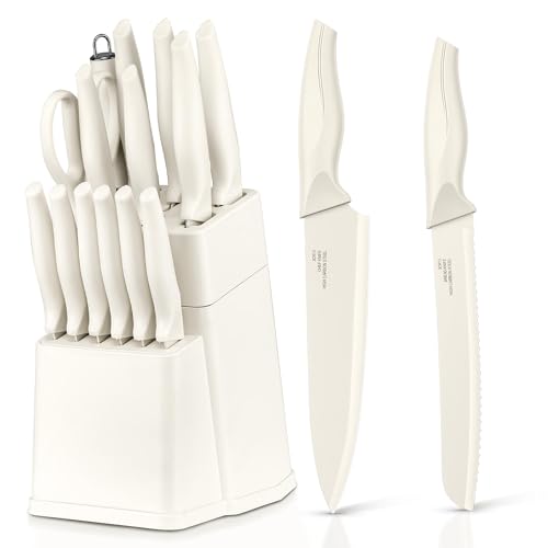 Herogo Messerblock mit 15 Messerset und Wetzstahl, Premium Edelstahl Küchenmesser Set mit hohem Kohlenstoffgehalt, Gezacktes Steakmesser, Antihaftbeschichtung zum Hacken und Schneiden, Weiß von Herogo