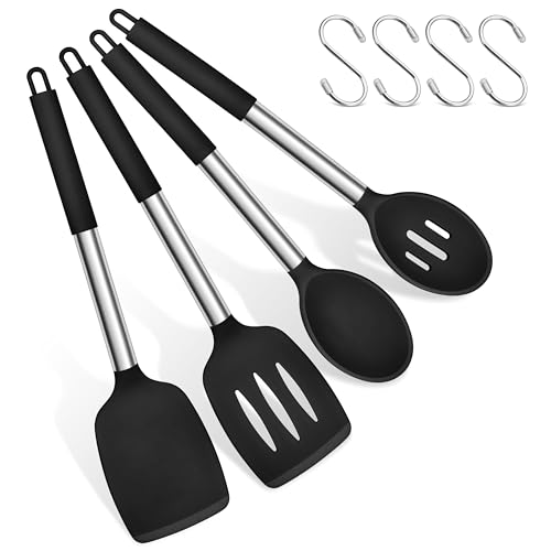 Herogo Pfannenwender Kochlöffel Set, Silikon Küchenutensilien Küchenhelfer für Kochen, Kochbesteck Kochgeschirr mit Edelstahlgriff, Langlebig & Spülmaschinenfest, Schwarz, 8 Stück von Herogo