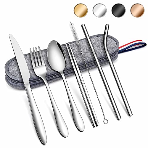 Herogo Reisebesteck Set, 8-Stück Camping Besteck Set aus Edelstahl, Tragbare Utensilien Set mit Tragetasche, Messer, Gabel, Löffel, Essstäbchen, Strohhalme, Bürste für Outdoor Reise Picknick(Silber) von Herogo