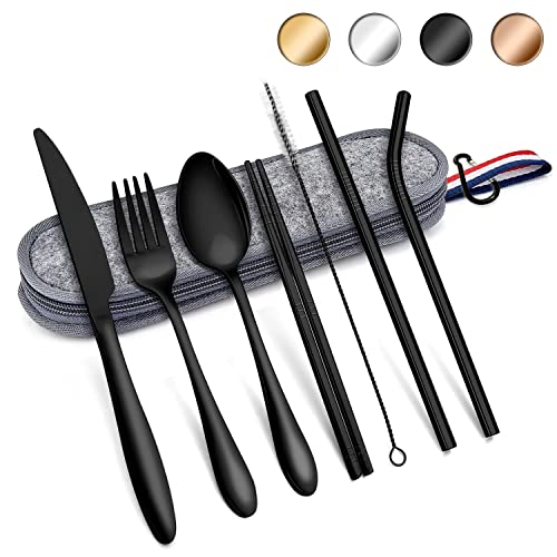 Herogo Reisebesteck Set, 8-Stück Camping Besteck Set aus Edelstahl, Tragbare Utensilien Set mit Tragetasche, Messer, Gabel, Löffel, Essstäbchen, Strohhalme, Bürste für Outdoor Reise Picknick(Schwarz) von Herogo