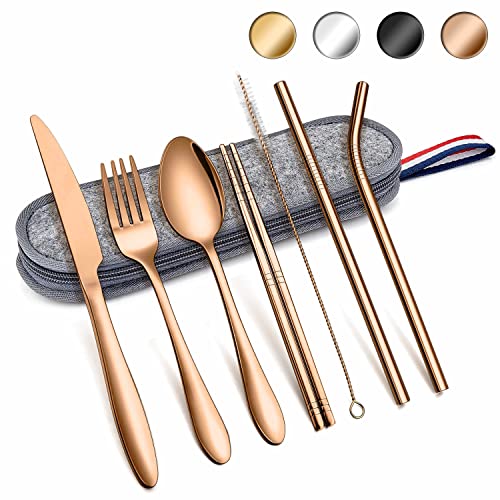 Herogo Reisebesteck Set, 8-Stück Camping Besteck Set aus Edelstahl, Tragbare Utensilien Set mit Tragetasche, Messer, Gabel, Löffel, Essstäbchen, Strohhalme, Bürste für Outdoor Reise Picknick(Roségold) von Herogo