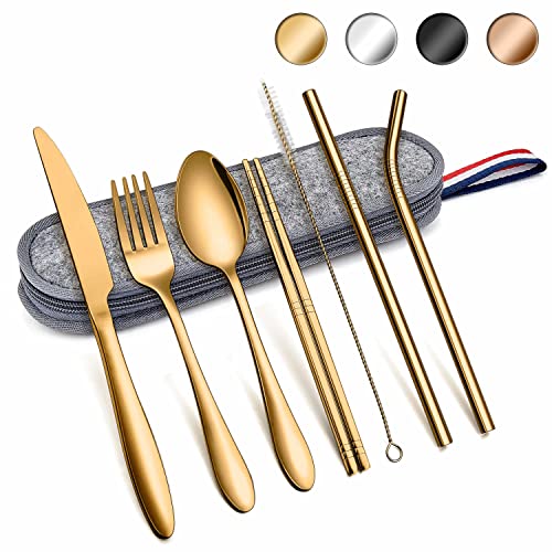 Herogo Reisebesteck Set, 8-Stück Camping Besteck Set aus Edelstahl, Tragbare Utensilien Set mit Tragetasche, Messer, Gabel, Löffel, Essstäbchen, Strohhalme, Bürste für Outdoor Reise Picknick(Gold) von Herogo