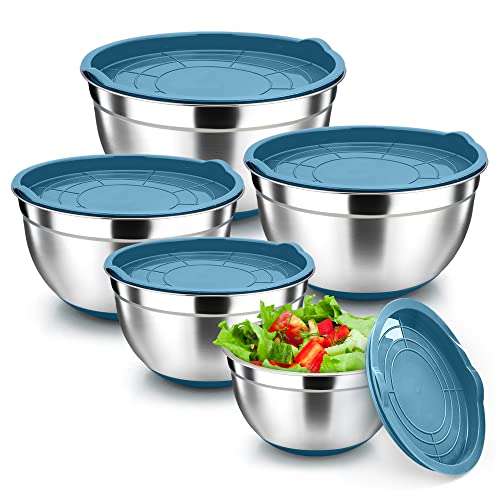 Herogo Rührschüssel 5er Set, Edelstahl Salatschüssel mit blauen, Metall Nistschalen zum Backen Servieren, strapazierfähig & spülmaschinenfest (4.5/2.7/1.5/1.2/0.7 Q) T) von Herogo