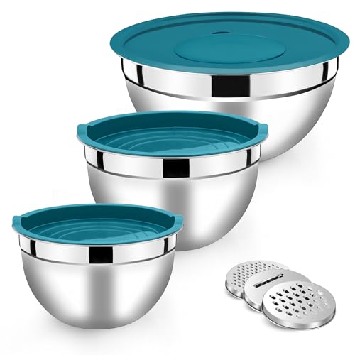 Herogo Rührschüssel mit luftdichten Deckeln, Edelstahl Salatschüssel 3er Set, Küche Metall Nesting Set mit 3 Reibeaufsätzen zum Backen/Kochen, Platzsparend & Einfache Lagerung, Spülmaschinenfest Herogo Rührschüssel mit luftdichten Deckeln, Edelstahl Salatschüssel 3er Set, Küche Metall Nesting Set mit 3 Reibeaufsätzen zum Backen/Kochen, Platzsparend & Einfache Lagerung, Spülmaschinenfest von Herogo