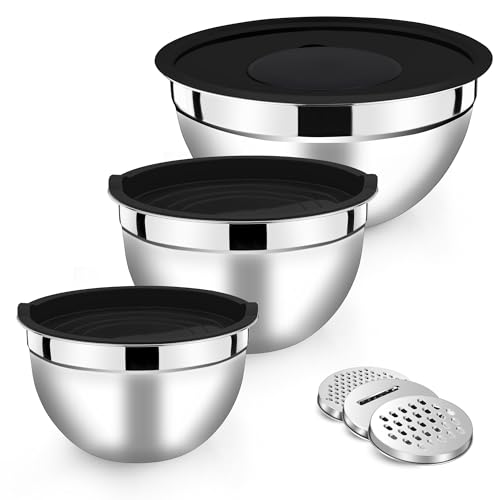 Herogo Rührschüssel 3er Set, Edelstahl Salatschüssel mit luftdichten Deckeln, Küche Metall Nistschüssel mit 3 Reibeaufsätzen zum Backen/Kochen, Platzsparend & Einfache Lagerung, Spülmaschinenfest Herogo Rührschüssel 3er Set, Edelstahl Salatschüssel mit luftdichten Deckeln, Küche Metall Nistschüssel mit 3 Reibeaufsätzen zum Backen/Kochen, Platzsparend & Einfache Lagerung, Spülmaschinenfest von Herogo