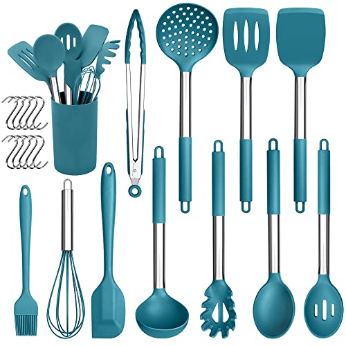 Herogo Silikon Küchenhelfer Set, 22-teiliges Kochutensilien Kochbesteck Set with Utensilienhalter, Hitzebeständiger Küchenutensilien mit Edelstahlgriff, Antihaft & Gesund, Blau von Herogo