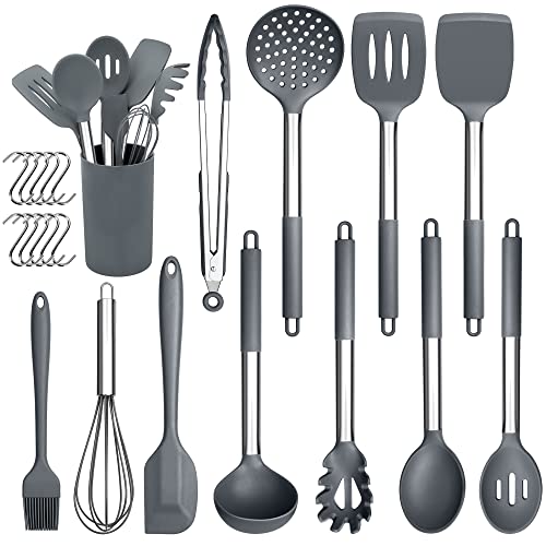 Herogo Silikon Küchenhelfer Set, 22-teiliges Kochutensilien Kochbesteck Set with Utensilienhalter, Hitzebeständiger Küchenutensilien mit Edelstahlgriff, Antihaft & Gesund, Grau von Herogo