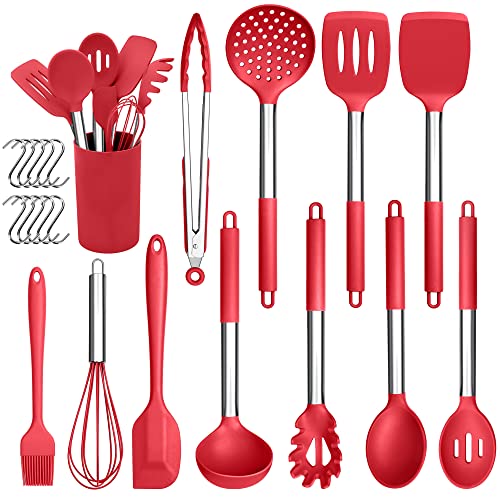 Herogo Silikon Küchenhelfer Set, 22-teiliges Kochutensilien Kochbesteck Set with Utensilienhalter, Hitzebeständiger Küchenutensilien mit Edelstahlgriff, Antihaft & Gesund, Rot von Herogo