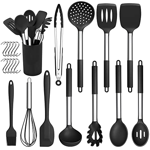 Herogo Silikon Küchenhelfer Set, 22-teiliges Schwarz Kochutensilien Kochbesteck Set with Utensilienhalter, Hitzebeständiger Küchenutensilien mit Edelstahlgriff, Antihaft & Gesund von Herogo