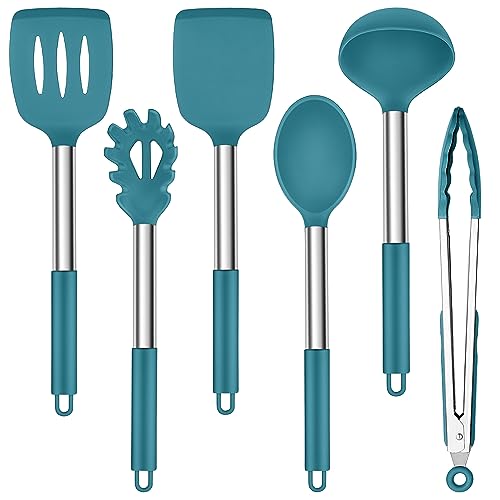 Herogo Küchenhelfer Set, 6 Stück Silikon Kochutensilien Kochbesteck Set mit Edelstahlgriff, Hitzebeständiger & Antihaft, Silikon Küchenutensilien Wender Zange Pfannenwender Set – Blau von Herogo