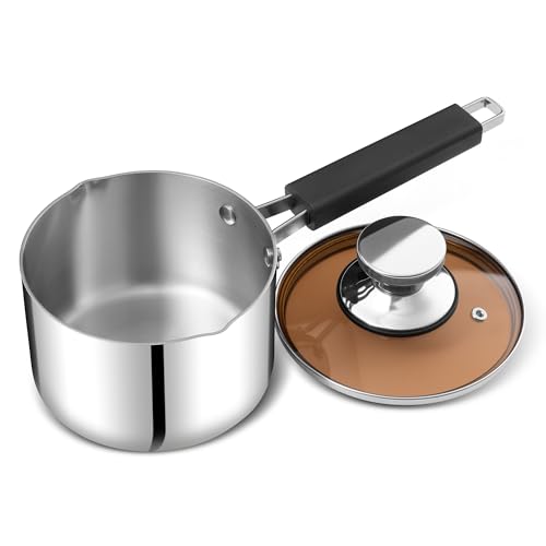Herogo Stainless Stielkasserolle 16cm, Dreifach-Edelstahl- Milchtopf mit Glasdeckel, kleiner Kochtopf mit Ausgießer, Mehrzweck-Kochgeschirr für Keramik/Elektro/Induktion, Spülmaschinenfest von Herogo