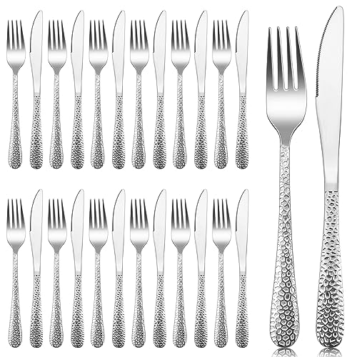 Herogo Steakbesteck Set, 24-teilig Edelstahl Tafelmesser und Tafelgabeln für 12 Personen, Silber Pizzabesteck Set mit 12 Messer und 12 Gabel, Rostfrei Besteck Set, Spülmaschinenfest von Herogo