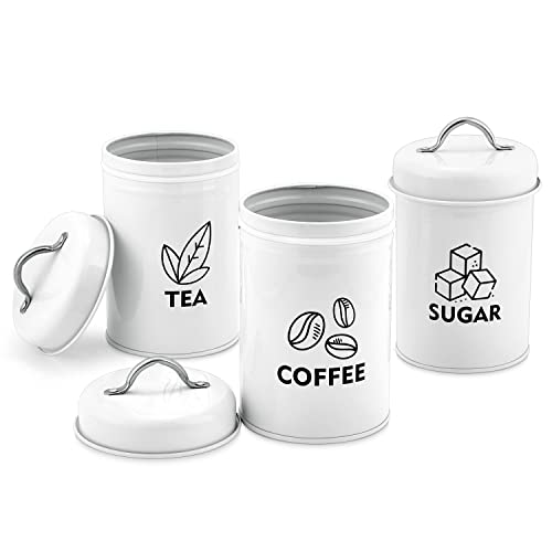 Herogo Tee-/Kaffee-/Zuckerdosen-Set, 3 Stück, weiße Vorratsdosen mit Deckel, Vintage-Retro-Stil, Küchenbehälter-Set für trockene Lebensmittel, Mehl, Samen, Nüsse, gesund & leicht zu reinigen von Herogo