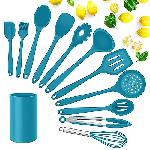 Küchenhelfer Set, Herogo 12-teilig Silikon Kochgeschirr Küchenutensilien Set mit Utensilienhalter, Antihaft & Hitzebeständiger Küchenset, Schneebesen Pfannenwender Löffel, Spülmaschinenfest, Blau von Herogo