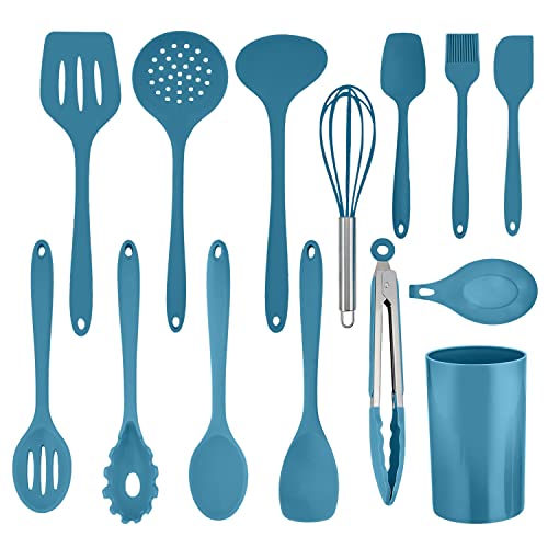 Herogo Küchenhelfer Set, 14 teiliges Silikon Kochgeschirr Küchenutensilien Set mit Utensilienhalter, Hitzebeständiger Kochutensilien Kochbesteck Küchenset, Spülmaschinenfest, Blau von Herogo