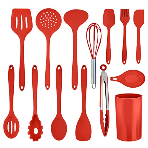 Herogo Küchenhelfer Set, 14 teiliges Silikon Kochgeschirr Küchenutensilien Set mit Utensilienhalter, Hitzebeständiger Kochutensilien Kochbesteck Küchenset, Spülmaschinenfest, Rot von Herogo