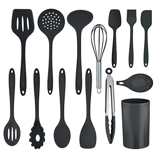 Herogo Küchenhelfer Set, 14 teiliges Silikon Kochgeschirr Küchenutensilien Set mit Utensilienhalter, Hitzebeständiger Kochutensilien Kochbesteck Küchenset, Spülmaschinenfest, Schwarz von Herogo