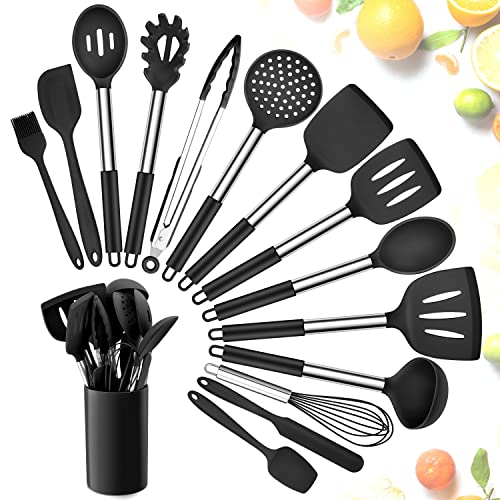 Herogo Küchenhelfer Set, 15 teiliges Silikon Kochgeschirr Küchenutensilien Set mit Utensilienhalter, Antihaft & Hitzebeständiger Küchenset mit Edelstahlgriff, Schneebesen Pfannenwender Löffel, Schwarz von Herogo