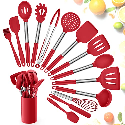 Herogo Küchenhelfer Set, 15 teiliges Silikon Kochgeschirr Küchenutensilien Set mit Utensilienhalter, Antihaft & Hitzebeständiger Küchenset mit Edelstahlgriff, Schneebesen Pfannenwender Löffel, Rot von Herogo