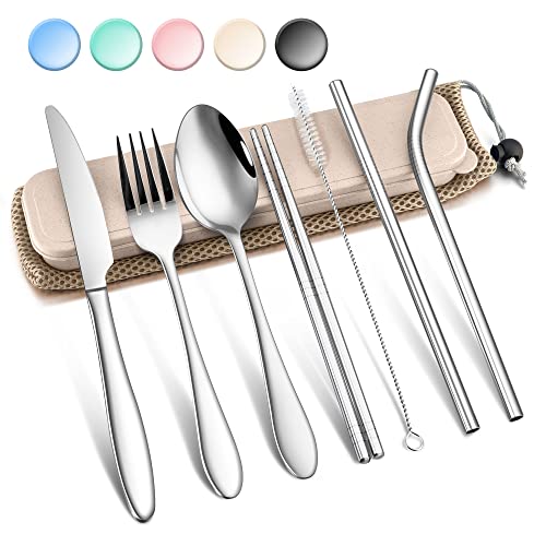 Herogo Reisebesteck Set, 9-teilig Edelstahl Campingbesteck Set, Tragbare Picknick Outdoor Besteck mit Messer Gabel Löffel Essstäbchen Metallstrohhalme, Etui & Tasche, Spülmaschinenfest von Herogo