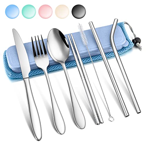 Herogo Reisebesteck Set, 9-teilig Edelstahl Campingbesteck Set, Tragbare Picknick Outdoor Besteck mit Messer Gabel Löffel Essstäbchen Strohhalme, Blaues Etui & Tasche, Spülmaschinenfest von Herogo