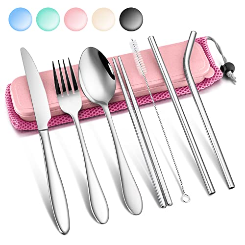 Herogo Reisebesteck Set, 9-teilig Edelstahl Campingbesteck Set, Tragbare Picknick Outdoor Besteck mit Messer Gabel Löffel Essstäbchen Strohhalme, Rosa Etui & Tasche, Spülmaschinenfest von Herogo