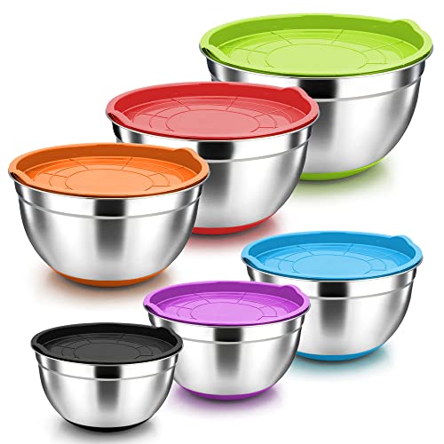 Herogo Rührschüssel 6er Set, Edelstahl Salatschüssel Schüssel Set mit Luftdichtem Deckel & Rutschfest Böden, Ideal Zum Kochen/Backen/Aufbewahrung/Servieren, Stapelbar, 0,7L/1,2L/1,4L/2L/3,3L/6,7L von Herogo