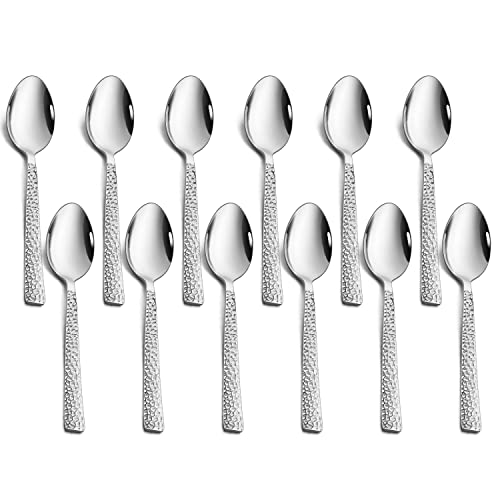 Herogo Teelöffel, 12 Stück Edelstahl Teelöffel Set, 14 cm Hammered Handle Kaffeelöffel für Kaffee, Tee, Dessert, Kuchen, Spiegel-Finish & Spülmaschinenfest, Metall Silber von Herogo