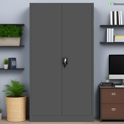 Metallschrank 185 x 90 x 40 cm - Metall Aktenschrank Abschließbar mit 2 Türen, Mehrzweckschrank mit 5 Ebenen, Büroschrank aus Stahlschrank Geeignet für Büros und Labore (Anthrazit-Breit) von Herpaty
