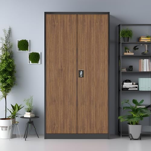 Metallschrank 185 x 90 x 40 cm - Metall Aktenschrank Abschließbar mit 2 Türen, Mehrzweckschrank mit 5 Ebenen, Büroschrank aus Stahlschrank Geeignet für Büros und Labore (Anthrazit-holzoptik Breit) von Herpaty