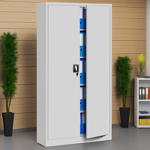 Metallschrank 185 x 90 x 40 cm - Metall Aktenschrank Abschließbar mit 2 Türen, Mehrzweckschrank mit 5 Ebenen, Büroschrank aus Stahlschrank Geeignet für Büros und Labore (Grau- Breit) von Herpaty