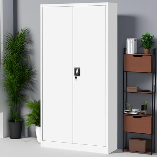 Metallschrank 185 x 90 x 40 cm - Metall Aktenschrank Abschließbar mit 2 Türen, Mehrzweckschrank mit 5 Ebenen, Büroschrank aus Stahlschrank Geeignet für Büros und Labore (Weiß- Breit) von Herpaty