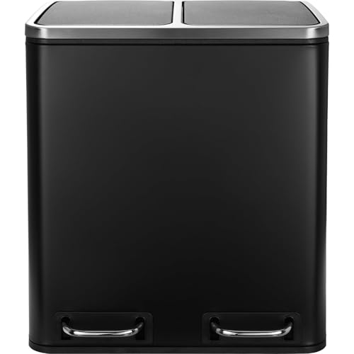 Treteimer 48 Liter Abfalleimer Mülleimer Design, Mülltrennung Papierkorb Küchen-Ordnung herausnehmbare Inneneimer mit Henkel Deckel mit Schließdämpfer Trennsystem Edelstahl (Schwarz) von Herpaty